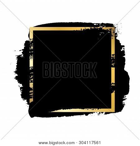 Brush Stroke, Gold Text Box, Isolated White Background. Black Paint Brush. Grunge Texture Stroke Fra