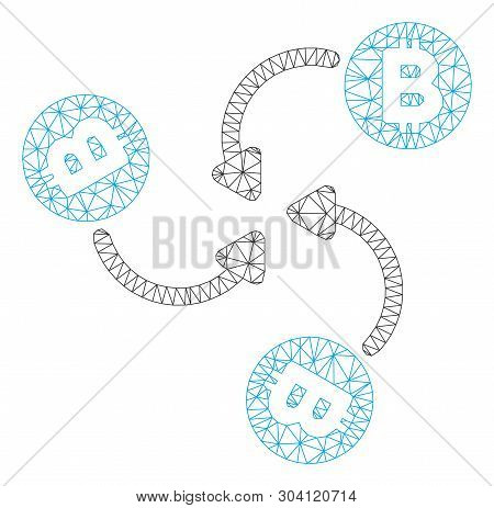 Mesh Bitcoin Mixer Swirl Model Icon. Wire Frame Triangular Mesh Of Vector Bitcoin Mixer Swirl Isolat