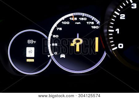 Modern Light Car Mileage (dashboard, Milage) Isolated On A Black Background. New Display Of A Modern