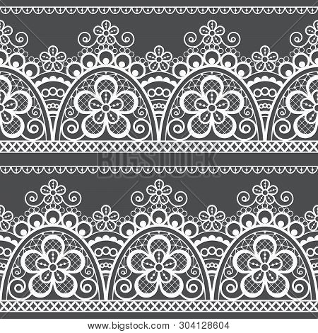 Lace Vector Seamless Pattern, Detailed Retro Ornament, Lace Design With Flowers And Swirls In White 