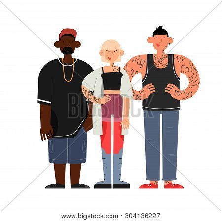 Young People Of Different Skin Color Wearing Unformal Clothes With Tattoos. Flat Cartoon Vector Illu
