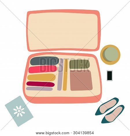 Vector Illustration Top View Luggage. Flat Lay Concept. Open Pink Packed Suitcase. Advertising, Post