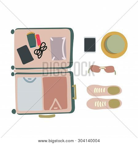 Vector Illustration Top View Luggage. Flat Lay Concept. Open Packed Suitcase. Advertising, Poster, B