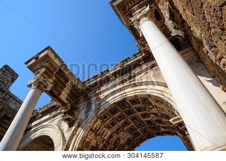 Hadrians Gate, Antalya Landmark. Ancient Construction Of The Gate Of Hadrian