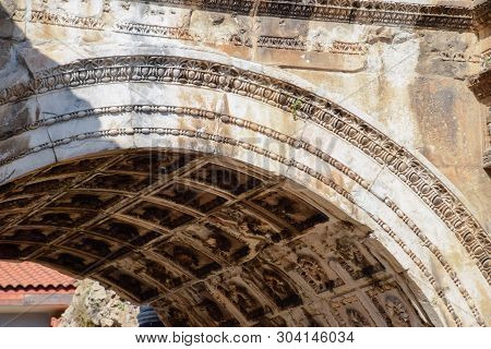 The Arch Of The Gate Of Hadrian. Hadrians Gate, Antalya Landmark. Ancient Construction Of The Gate O