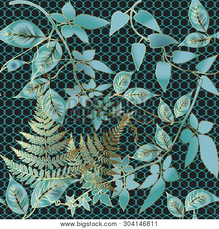 Floral Blue Vector Seamless Pattern. Ornate Leafy Lace Background. Ornamental Repeat Grid Backdrop. 