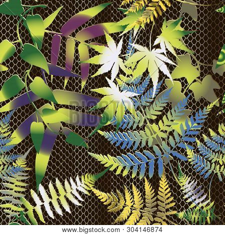 Fern Leaves Floral Colorfu Vector Seamless Pattern. Ornate Leafy Gold Lace Background. Ornamental Re