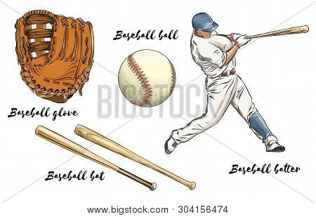 Set Of Baseball In Color. Isolated On White Background. Hand-drawn Elements Such As Baseball Player,