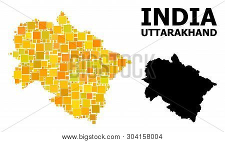 Gold Square Mosaic And Solid Map Of Uttarakhand State. Vector Geographic Map Of Uttarakhand State In