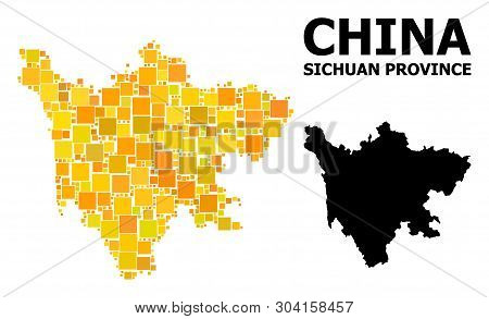 Gold Square Pattern And Solid Map Of Sichuan Province. Vector Geographic Map Of Sichuan Province In 