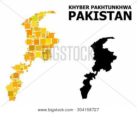 Gold Square Pattern And Solid Map Of Khyber Pakhtunkhwa Province. Vector Geographic Map Of Khyber Pa