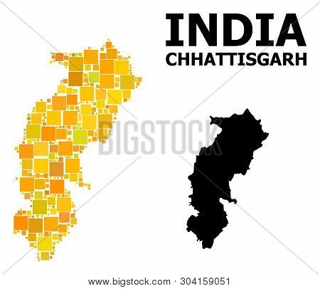 Gold Square Mosaic And Solid Map Of Chhattisgarh State. Vector Geographic Map Of Chhattisgarh State 