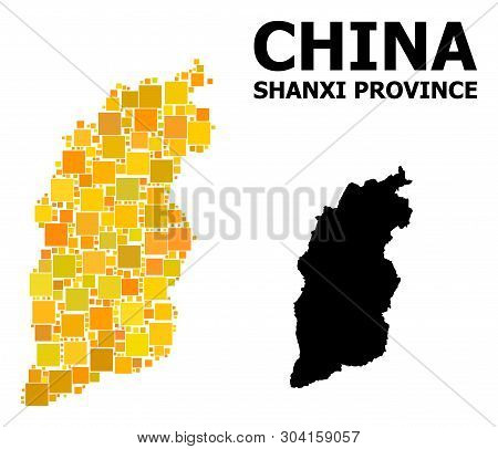 Gold Square Mosaic And Solid Map Of Shanxi Province. Vector Geographic Map Of Shanxi Province In Yel