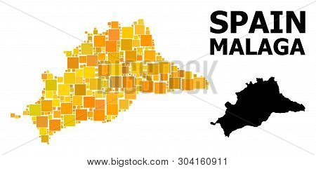 Gold Square Pattern And Solid Map Of Malaga Province. Vector Geographic Map Of Malaga Province In Ye