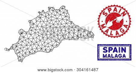 Wire Frame Polygonal Malaga Province Map And Grunge Seal Stamps. Abstract Lines And Points Form Mala