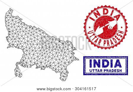Wire Frame Polygonal Uttar Pradesh State Map And Grunge Seal Stamps. Abstract Lines And Dots Form Ut