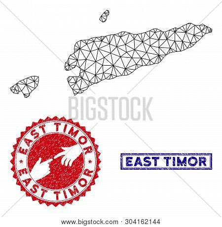 Network Polygonal East Timor Map And Grunge Seal Stamps. Abstract Lines And Circle Dots Form East Ti