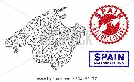 Wire Frame Polygonal Spain Mallorca Island Map And Grunge Seal Stamps. Abstract Lines And Circle Dot
