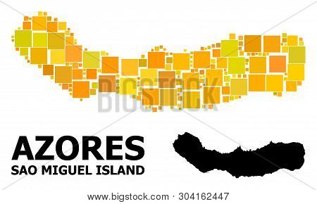 Gold Square Mosaic And Solid Map Of Sao Miguel Island. Vector Geographic Map Of Sao Miguel Island In