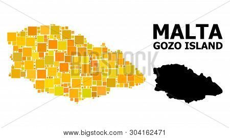 Gold Square Mosaic And Solid Map Of Gozo Island. Vector Geographic Map Of Gozo Island In Yellow Gold