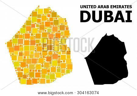 Gold Square Mosaic And Solid Map Of Dubai Emirate. Vector Geographic Map Of Dubai Emirate In Yellow 