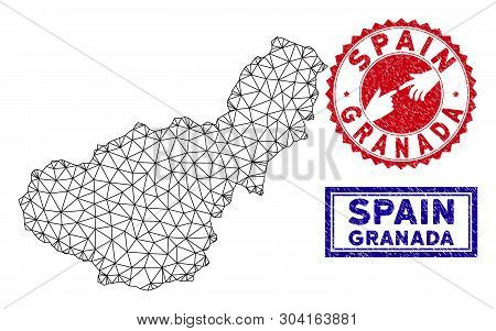 Wire Frame Polygonal Granada Province Map And Grunge Seal Stamps. Abstract Lines And Points Form Gra