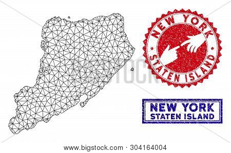 Mesh Polygonal Staten Island Map And Grunge Seal Stamps. Abstract Lines And Dots Form Staten Island 