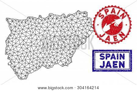 Network Polygonal Jaen Spanish Province Map And Grunge Seal Stamps. Abstract Lines And Dots Form Jae