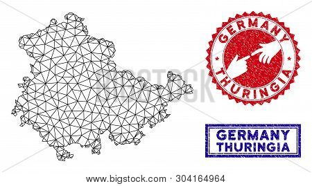 2d Polygonal Thuringia Land Map And Grunge Seal Stamps. Abstract Lines And Circle Dots Form Thuringi