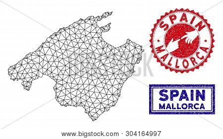 Network Polygonal Mallorca Map And Grunge Seal Stamps. Abstract Lines And Spheric Points Form Mallor