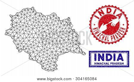 2d Polygonal Himachal Pradesh State Map And Grunge Seal Stamps. Abstract Lines And Points Form Himac
