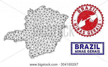 Wire Frame Polygonal Minas Gerais State Map And Grunge Seal Stamps. Abstract Lines And Spheric Point