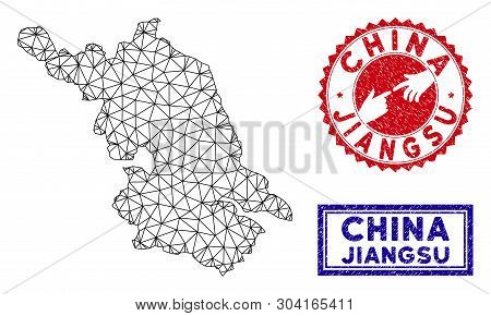 Carcass Polygonal Jiangsu Province Map And Grunge Seal Stamps. Abstract Lines And Circle Dots Form J