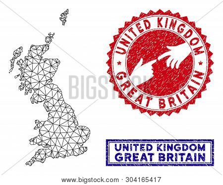 Wire Frame Polygonal Great Britain Map And Grunge Seal Stamps. Abstract Lines And Small Circles Form