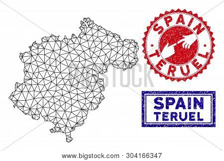 Carcass Polygonal Teruel Province Map And Grunge Seal Stamps. Abstract Lines And Spheric Points Form