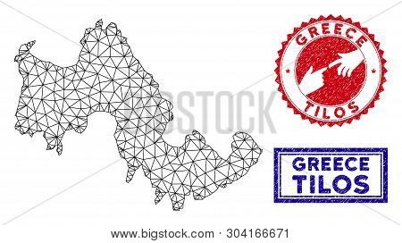 2d Polygonal Tilos Greek Island Map And Grunge Seal Stamps. Abstract Lines And Circle Dots Form Tilo