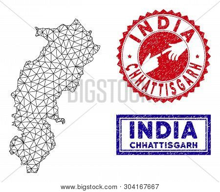 Wire Frame Polygonal Chhattisgarh State Map And Grunge Seal Stamps. Abstract Lines And Dots Form Chh