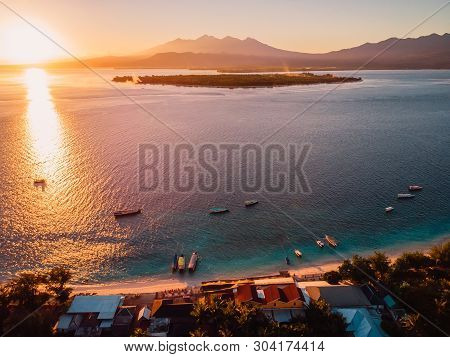 Aerial View With Gili Islands, Ocean And Sunrise. Gili Meno, Gili Air And Lombok