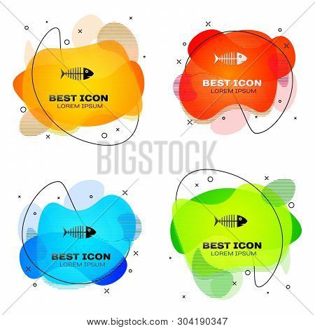 Black Fish Skeleton Icon Isolated On White Background. Fish Bone Sign. Set Of Liquid Color Abstract 
