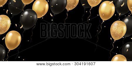 Celebration, Festival Background With Helium Balloons. Greeting Banner Or Poster With Gold And Black