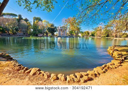 Laghetto Di Borghese Lake And Temple Of Asclepius In Rome, Capital Of Italy