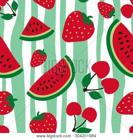 Watermelon, Cherry And Strawberry Seamless Pattern. Red Berry. Sweet Fruits. Fashion Design. Food Pr