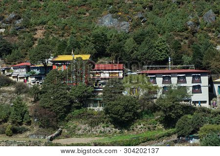 Namche Bazarr,nepal -october 14,2018 : View Of Namche Monastery With Tourist In Namche Bazarr,nepal