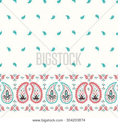 Traditional Oriental Colorful Paisley Vector Seamless Horizontal Border And Pattern. Whimsical Class