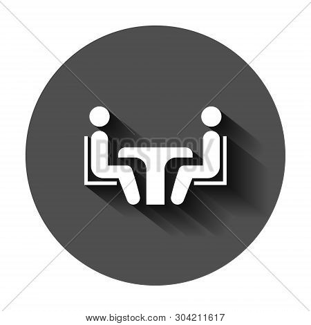 Business Consulting Icon In Flat Style. Two People With Table Vector Illustration On Black Round Bac
