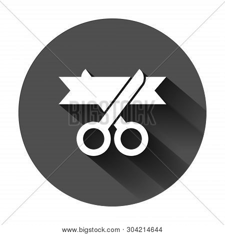 Scissors Icon In Flat Style. Cutting Ribbon Vector Illustration On Black Round Background With Long 