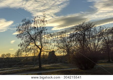 Hisarya, Bulgaria - December 26, 2018: Sunset View Of Ruins Of Fortifications In Ancient Roman City 