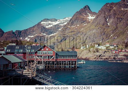 Tind, Norway - May 23, 2019: Traditional Architecture In Tind Fishing Village On Lofoten Islands, No