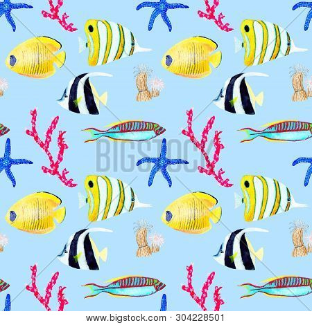 Hand drawn seamless pattern in watercolor sea world natural element. Corals shells fish on baby blue background