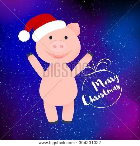 Vector Illustration. Cartoon Happy Pig In Santa Clauss Hat Isolated. Pig Is Standing. Merry Christma